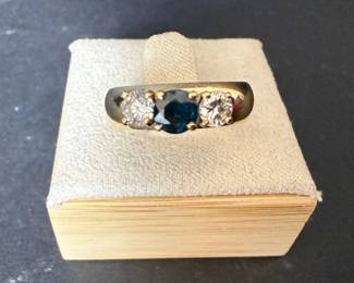 14K Gold ThreeStone Ring with Sapphire Diamond Accents