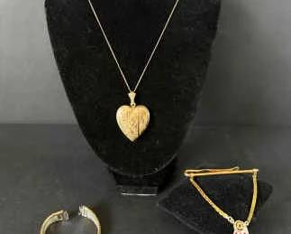 Mixed Carat Sterling Jewelry Trio Seiko Watch Band, Heart Locket Bell System Service Pin