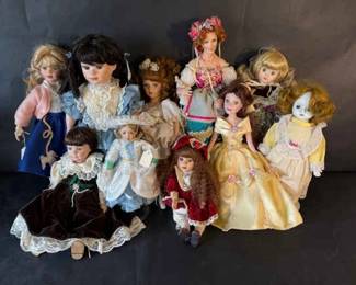Collection of Porcelain Cloth Collector Dolls in Period Costumes