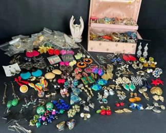 Huge Collection of Vintage Modern Earrings with Jewelry Box