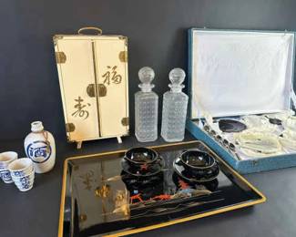 Vintage AsianInspired Barware Tableware Sake Set, Lacquer Tea Set, Crystal Decanters in Cabinet