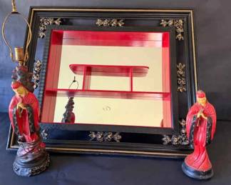Vintage AsianInspired Decor Collection Mirror, Lamp Base, and Figurines