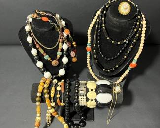 Costume Jewelry Collection Beaded Necklaces, Bracelets Cameo Brooch