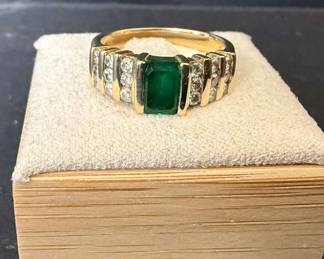 14K Gold Ring with Likely A LabCreated Emerald Diamond Accents