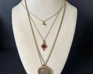 14k GoldFilled Vintage Necklaces Religious Medal, Red Stone Pendant, and CitrineColored Pendant