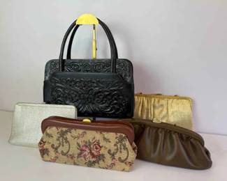 Assortment of Handbags Clutches Tooled Leather, Metallic, Tapestry