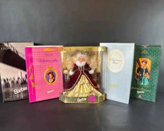 Vintage Barbies 7 Boxed Holiday, Christian Dior, Donna Karen Bloomingdales