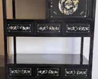 Asian Black Lacquer Cabinet with MotherofPearl Inlay Decorative Porcelain Figures