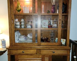 MCM 2 piece cabinet - 2 drawer, lighted, glass front top