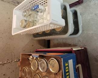 Mason jars, qt, pt and 4 oz. Also some old blue ones with metal 