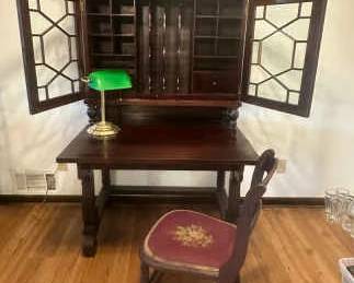 Early American 1900s Desk, Green Vintage Desk Lamp and Victorian Needlepoint Chair
