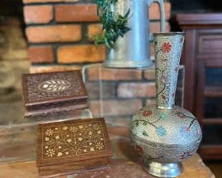 Vintage Floral Etched Designed Metal Vase, Wooden Boxes And Pewter Mug