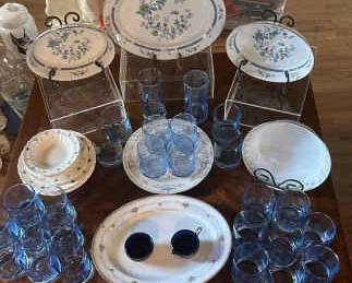 Beautiful Noritake Serving Pieces, Anchor Glass Blue Hue Glasses