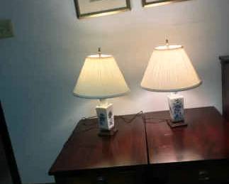 Two Federal Style Nightstands, Two Asian Styled Lamps and Two Vintage Japanese Botanical Prints