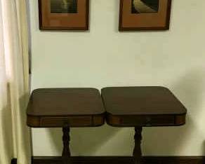 Brandt Federal Style Genuine Mahogany Pedestal Side Tables And Framed Prints