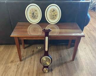 Handmade Pine Table With Glass Top, Vintage Pictures And Avintage Barometer
