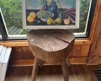 Handmade Tree Trunk Table and Still Life Painted Picture.