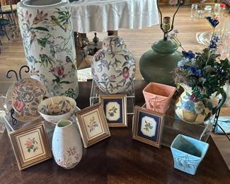 Floral Porcelains, Small Framed Pictures, A Vintage Lamp And Usa Pottery