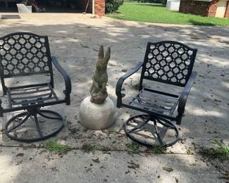 2 Swivel And Rocking Patio Chairs With Planter And Concrete Bunny