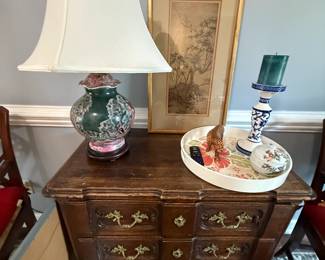 Vintage Wooden Dresser, Oriental Lamp, Fine Porcelain Candlestick