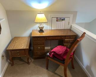 Vintage Wooden Desk, Chair, and Side Table Set 