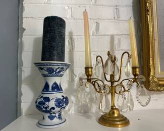 Blue/White Porcelain Candlestick, Brass/Glass Candelabra