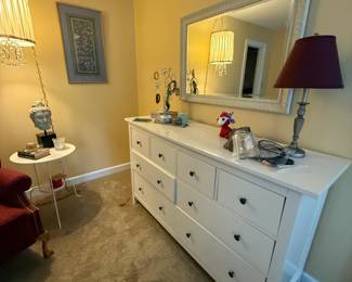 White Wooden Dresser Set w/ Matching Mirror, Side Tables