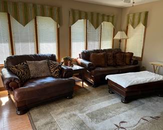 Leather loveseat. Leather oversized chair. Large leather ottoman.