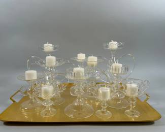 Collection Of Two's Company Blown Glass Candlesticks On Tray (12 Pieces)