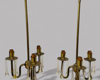 Pair Of Brass And Glass Three Arm Lighting Pendants