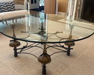 Luna Bella Glass Top Coffee Table With Floral Sculpted Metal Base