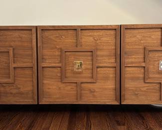 Mod Shop Boutique Mid Century Style Walnut, Brass And Lucite Credenza