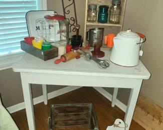 SMALL ENAMEL-TOP TABLE - LOADED WITH KITCHEN COLLECTIBLES!