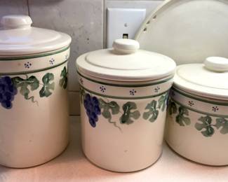 Set of 3 Crock Shop Stoneware Canisters with Grape Vine Design