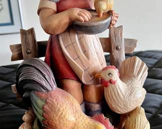 German Josef Albl Carved Wood Girl with Chickens Sculpture