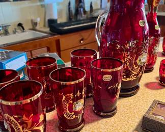 Bohemia Crystal Ruby Red and Gold Hand-Painted Pitcher, 6 Glasses & Decanter