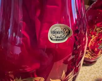 Bohemia Crystal Ruby Red and Gold Hand-Painted Pitcher, 6 Glasses & Decanter