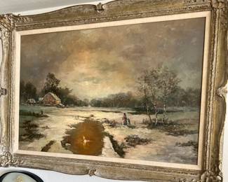 Framed Farmhouse by the Icy River Oil Painting – Signed by Artist