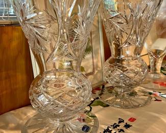 Pair of Matching Bohemia Heavy Cut Crystal Vases with Pinwheel Pattern