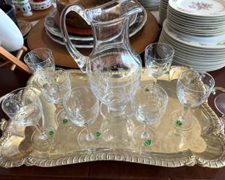 Kusak Crystal - Set of 7 Wine Glasses & Pitcher with Etched Floral Design