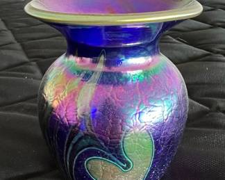 Iridescent Studio Art Glass Vase with Heart Design