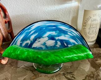 Blue, Green & White Art Glass Letter Holder - Signed by Artist