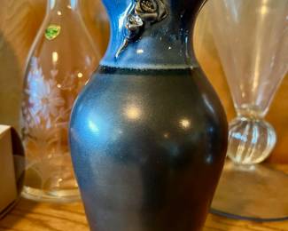 Blue Glazed Pottery Vase with Embossed Rose Detail – Signed Jeane