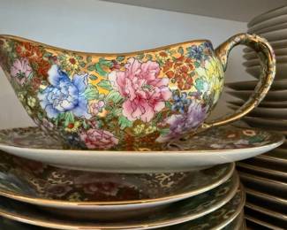 Chinese Hand Painted Floral and Gold Dinnerware Set