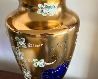Bohemia Czech Gold Encrusted Cobalt Blue Glass with Raised Enamel Flowers