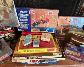 1988 Playtime Radio Control Stunt System, 1982 Parcheesi Royal Board Game of India Deluxe Edition,  1972 Parker Brothers Clue Board Game, 1975 Parker Brothers Risk Board Game, Drive Command Radio Control Datsun Nissan 280ZX
