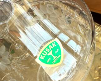 Kusak Crystal - Set of 7 Wine Glasses & Pitcher with Etched Floral Design