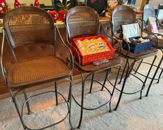 Set of 4 Wrought Iron Cane Back Bar Stools
