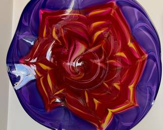 Purple, Red and Yellow Art Glass Centerpiece Bowl