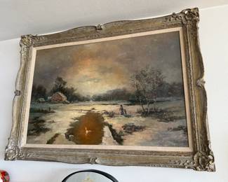 Framed Farmhouse by the Icy River Oil Painting – Signed by Artist